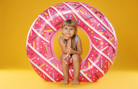 Cute little girl in swimsuit with inflatable ring and on orange background