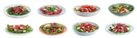 Delicious salads with bresaola isolated on white, setの写真素材