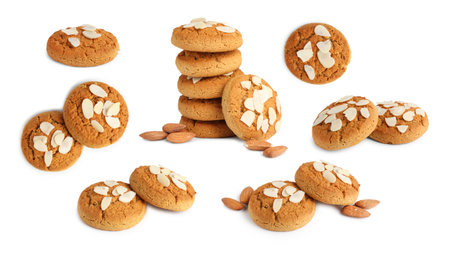 Yummy nut cookies with almond petals isolated on white, collageの写真素材