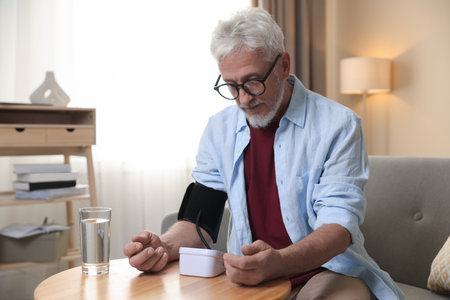 Senior man measuring blood pressure at table indoorsの写真素材
