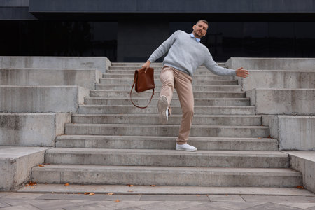 Man falling on stairs outdoors. Dangerous accident