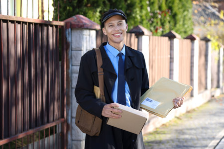 Happy postman with parcels outdoors. Mail serviceの写真素材