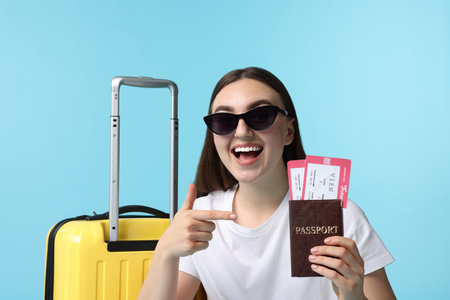 Woman with tickets, passport and suitcase on light blue backgroundの写真素材