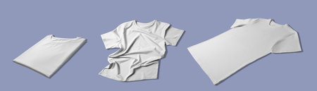Blank white t-shirts on gray blue background, collage. Mockup for design