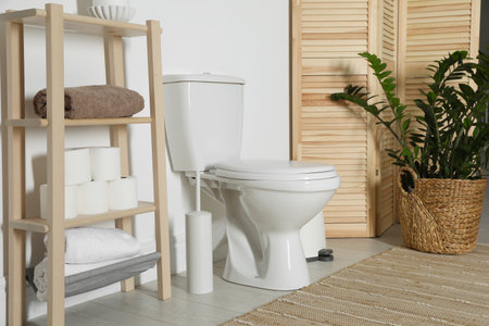 Folding screen, toilet bowl and houseplant in restroomの写真素材