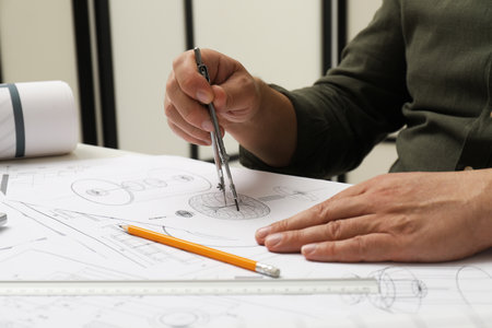 Engineer working with project, closeup. Different technical drawings on table