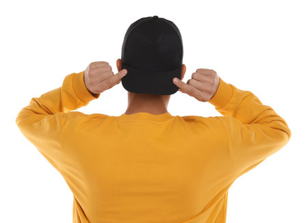 Man in stylish baseball cap on white background, back view. Mockup for designの写真素材