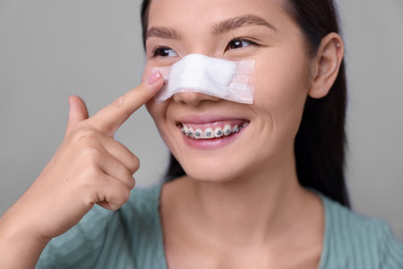 Woman with medical bandage on her nose after plastic surgery operation against light grey background, closeupの写真素材