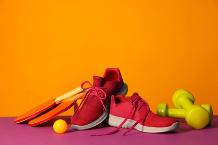Stylish sneakers and different sports equipment on color backgroundの写真素材