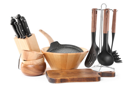 Set of different cooking utensils isolated on whiteの写真素材