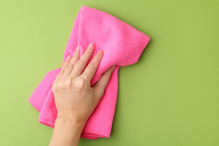 Woman with clean pink microfiber cloth on green background, top view. Space for textの写真素材