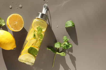 Lemon water with mint in bottle, fresh leaves and fruits on light brown table, flat lay. Space for textの写真素材