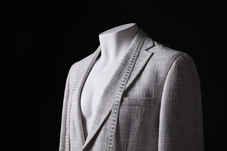 Male mannequin with grey jacket and measuring tape on black backgroundの写真素材