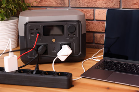 Laptop charging from portable power station on wooden desk indoorsの写真素材