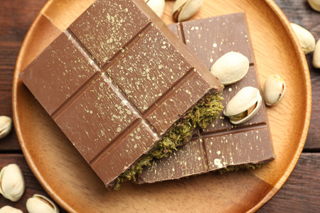 Pieces of tasty Dubai chocolate with pistachios and knafeh on wooden table, flat lay