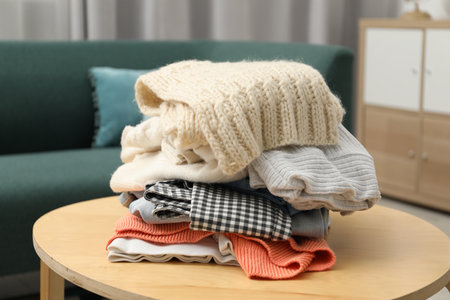 Stack of different used clothes on coffee table indoors, closeupの写真素材