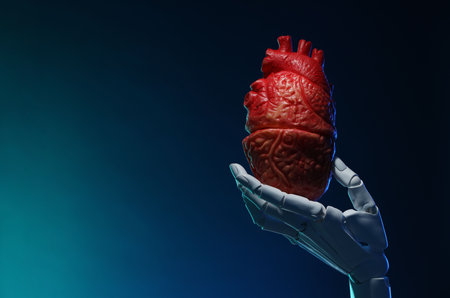 Artificial intelligence. Robot hand holding model of human heart on blue background, closeup. Space for textの写真素材