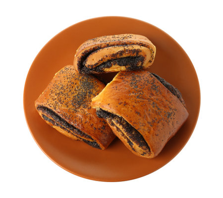 Tasty buns with poppy seeds isolated on white, top viewの写真素材