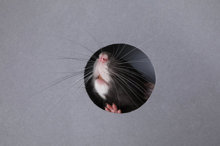Cute rat looking through hole in gray paper sheetの写真素材