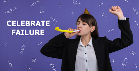 Celebrate failure. Businesswoman in party hat with blower on violet background. Banner design