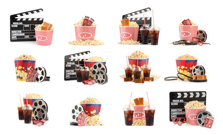 Popcorn, cinema tickets, clappers, glasses, soda drink and film reels on white background, collage. Movie watchingの写真素材