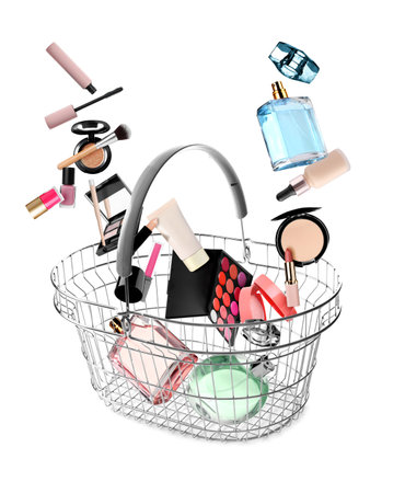 Different makeup products falling into shopping basket on white background. Decorative cosmeticsの写真素材