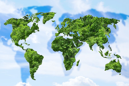 Save Earth. Continents outlines with green plants inside against sky