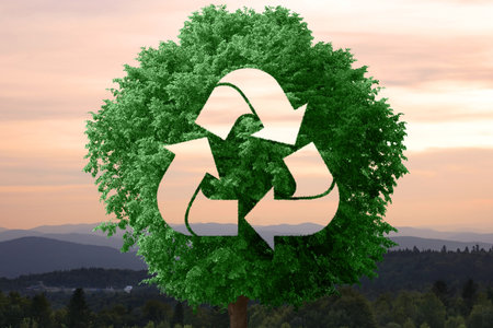Save Earth. Lush green tree with recycling symbol against sunset sky