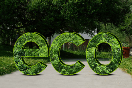 Save Earth. Word Eco with green plants inside in parkの写真素材