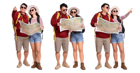 Happy tourists with travel items on white background, collageの写真素材