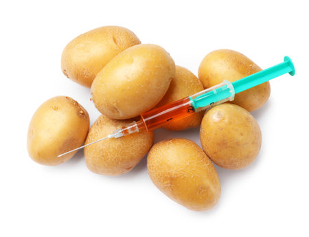 GMO concept. Potatoes and syringe isolated on white, top viewの写真素材