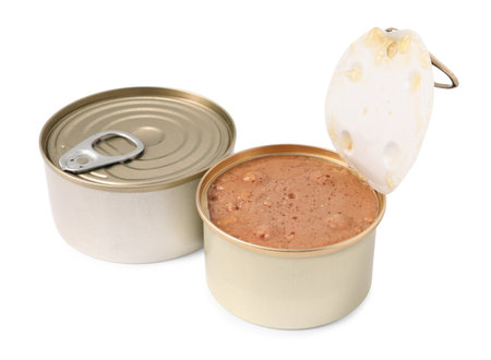 Wet pet food in tin cans isolated on whiteの写真素材