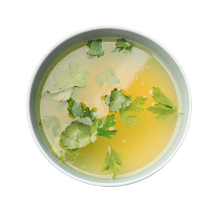 Tasty bouillon in bowl isolated on white, top viewの写真素材