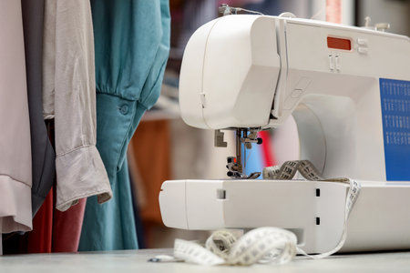 One sewing machine with thread and measuring tape on white table in workshopの写真素材