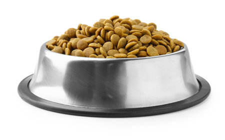 Dry pet food granules in feeding bowl isolated on white