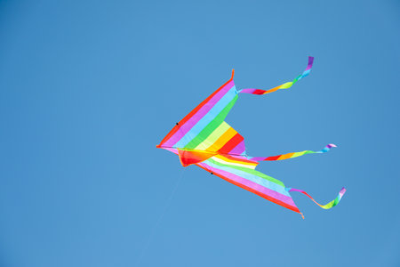 One colorful kite flying in blue skyの写真素材