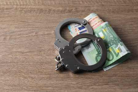 Corruption. Handcuffs and euro banknotes on wooden tableの写真素材