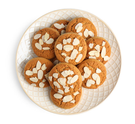 Tasty cookies with almond flakes isolated on white, top viewの写真素材
