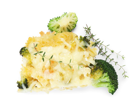 Tasty pasta casserole with cheese and broccoli isolated on whiteの写真素材