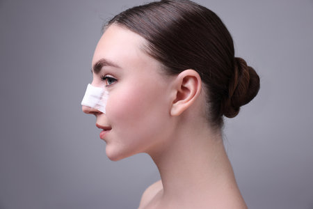 Woman with medical bandage on her nose after plastic surgery operation against gray backgroundの写真素材
