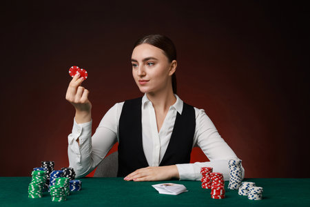 Professional croupier with casino chips and playing cards at gambling table on color backgroundの写真素材