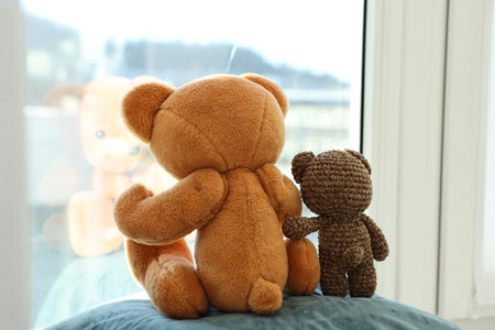 Two cute teddy bears near window indoors. back viewの写真素材