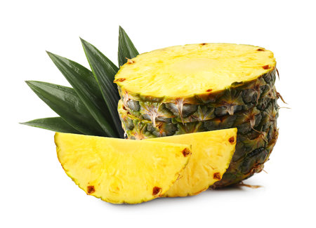 Sliced ripe pineapple isolated on white. Exotic fruitの写真素材
