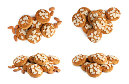 Yummy nut cookies with almond petals isolated on white, collage. Top and side viewsの写真素材