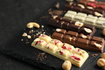 Different tasty chocolate bars with nuts and freeze dried raspberry on black table, closeup
