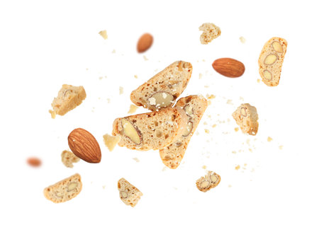 Tasty cookies with almond nuts in air on white background. Traditional Italian Cantucciniの写真素材