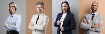 Business people, collage. Portraits on different colors backgrounds