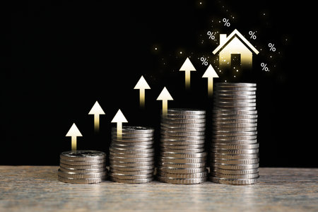 Real estate market. Stacked coins, arrows, illustration of house and percent signs on black...