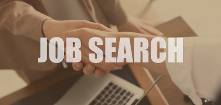 Job search. Applicant and employer shaking hands, closeup. Banner designの写真素材