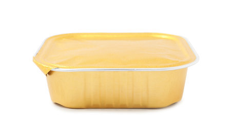 Food in foil container isolated on whiteの写真素材
